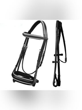 Horse Tack - NEW Exion Black & White Leather Padded Dressage Bridle & Reins